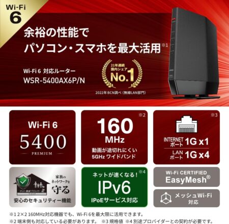 バッファロー WiFi ルーター 無線LAN Wi-Fi 6 11ax 11ac AX5400 WSR-5400AX6Pの特徴