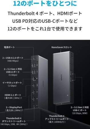 Anker 778 Thunderbolt ドッキングステーション (12-in-1, Thunderbolt 4)ポート解説