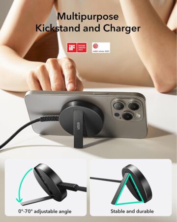 ESR HaloLock Qi2ワイヤレス充電器キックスタンド付き Qi2 15W MagSafeは充電しながらスマホ使える