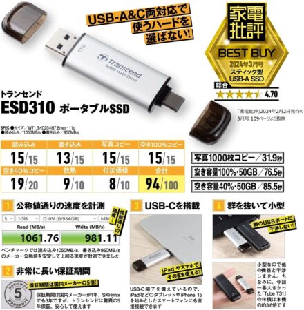 トランセンド ポータブルSSD 1TB 高速 最大1050 MB/s Type-A/Type-C TS1TESD310S-E