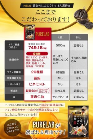 PURELAB 国産 黄金のにんにくすっぽん黒酢 サプリメント オメガ3 プロポリス配合 栄養機能食品亜鉛 亜麻仁油 卵黄 しじみ 牡蠣 完熟梅 ゴマ葉