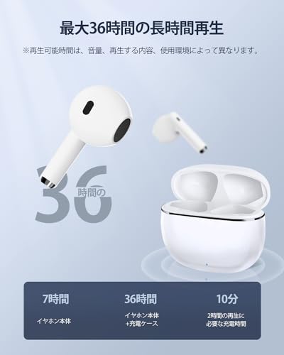 【2025年アップグレード版】AOKIMI ワイヤレスイヤホン bluetooth イヤホン V12 小型軽量 ブルートゥースHi-Fi 最大36時間再生 ぶるーとゅーす コードレス ENCノイズキャンセリング 自動ペアリング Type-C充電 マイク付き 防水 タッチ式音量調整 スポーツ/通勤/通学/WEB会議(ホワイト) 中間 画像