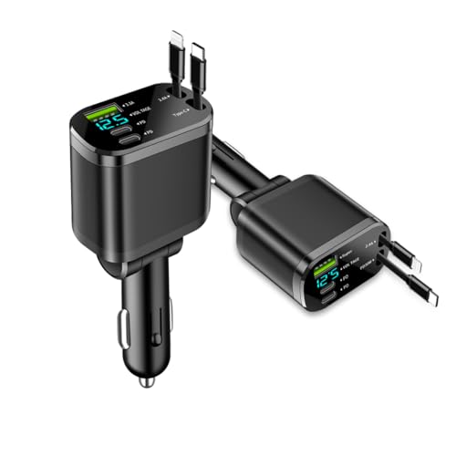 車 充電器 5in1 【巻き取り式】 車載充電器 シガーソケット カーチャージャー 5台同時充 電 引き込み式急速充電ケーブル2本 Type-C100W/Lightning20W LED表示電圧 iPhone16/15/14/13/12/iPad/Android対応 画像1