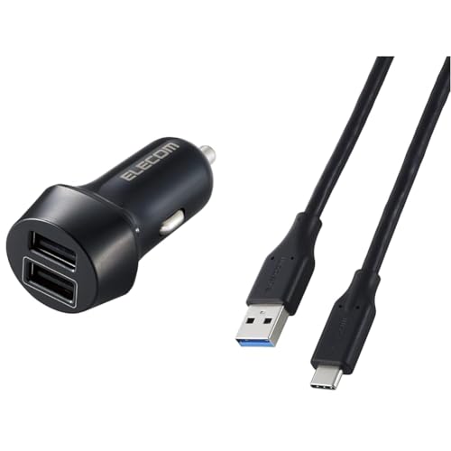 【Type-Cケーブルセット】 エレコム カーチャージャー シガーソケット USB 2ポート (USB-A×2) 12W 12V/24V入力対応 LEDランプ付き ブラック EC-DC08BK + エレコム usb c ケーブル 1m Type-C to USB-A USB3.2 急速充電 5Gbps 15W ブラック MPA-ACEC5G10BK 画像1