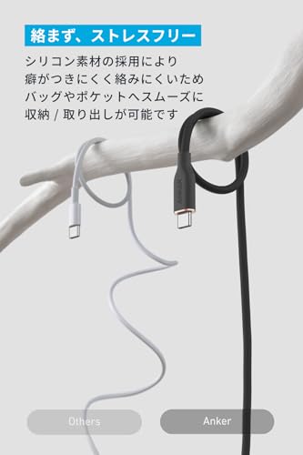 Anker USB-C ＆ USB-A ケーブル (Flow) 絡まないケーブル 15W 結束バンド付き USB-C機器対応 シリコン素材採用 Galaxy iPhone 17 / 16 / 15 各種対応 0.9m ミッドナイトブラック 中間 画像