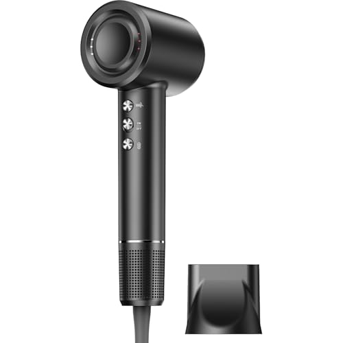 ドライヤー【2025進化モデル・20ｓ速乾】大風量 高速ヘアドライヤー 2億高濃度マイナスイオン 静電気抑制 NTC温度制御システム 過熱保護 恒温ヘアケア 髪質改善 5段階温度調節&3段階風量 【温冷リズム】 マグネット式ノズル付き 小型 コンパクト 静音 軽量 旅行/サロン/家庭用/プレゼント PSE認証済み ブラック 画像1