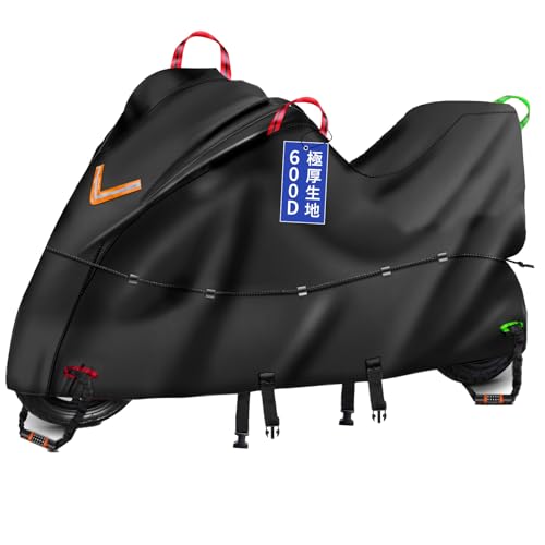 Bst Jyob バイクカバー オックス600D 厚手 【バイク専門家監修 防風プロテクション 強風に負けない】 丈夫 防風 防炎 極耐熱 防水 撥水 強紫外線防止 盗難防止 スクーター/原付/125cc/250cc用/400cc用/小型/普通/大型/軽二輪など リアbox対応3XL：全長265*前高130*リア高125 画像1
