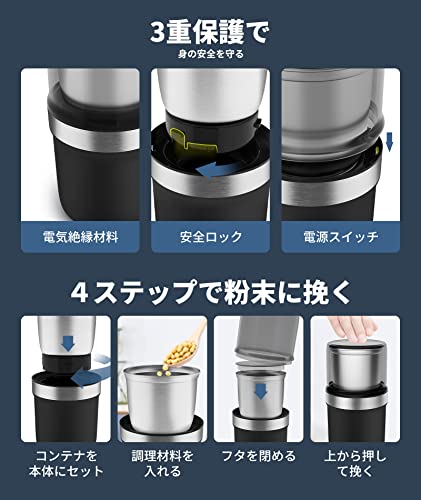 BESROY コーヒーミル 電動 カッター コーヒーミル 電動コーヒーミル 粉末 コーヒー豆 ひき機 水洗い可能 豆挽き/緑茶/山椒/唐辛子/胡椒/山椒/調味料/穀物を挽く 一台多役 掃除ブラシ付 お手入れ簡単 中間 画像