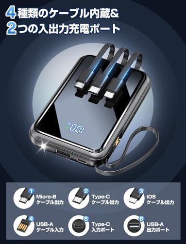 モバイルバッテリー 大容量【4本ケーブル内蔵・22000mAh大容量・手のひらサイズ】モバイルバッテリー 軽量 小型 4台同時充電 LCDディスプレイ 鏡面デザイン 超軽量 持ち運びに便利 Type-C入力ポート&USB-A出力ポート 携帯充電器 スマホ 充電器 LEDライト付き 機内持込可能 全機種対応 旅行/出張/アウトドア/停電/防災緊急用 中間 画像