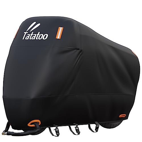 Tatatoo バイクカバー 【新アップグレード版！留めベルトが3箇所あり、前後2つの穴付きの全天候型】厚手 立体裁断 二重縫製 破れにくい 防水 紫外線防止 風飛び防止 盗難防止 バックル前中後付き 裾を絞るゴム 収納バッグ付き ブラック 汎用型 125cc/250cc 中型バイク対応 画像1