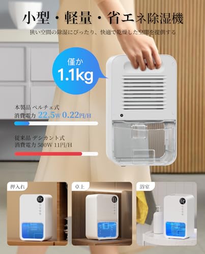 除湿機 小型【2025最新 LED表示画面】衣類乾燥除湿機 除湿器 ダブルぺルチェ式 強力 じょしつき 24時間切タイマー 7色ナイトランプ 満水自動停止 コンパクト 省エネ 静音 湿気&梅雨対策 消臭 結露&カビ防止 クローゼット 寝室 部屋 一人暮らし 洗面台 脱衣所 トイレ 日本語説明書 PSE認証済 (ホワイト) 中間 画像
