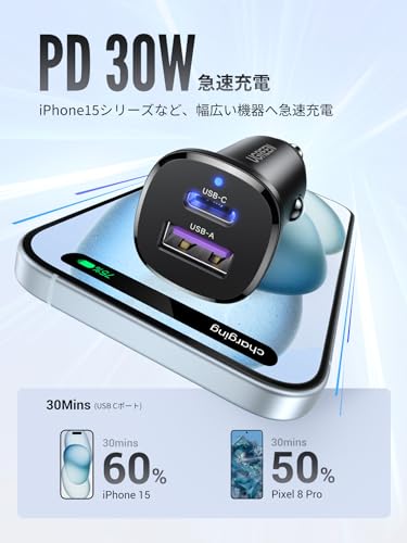 UGREEN USB C カーチャージャー 2ポート ミニ小型【PD30W+SCP22.5W 急速充電】 シガーソケット PD3.0/QC4.0/PPS対応 12V・24V車対応 車載充電器 コンパクトサイズ 軽量 耐久性 車充電器 iphone17/iPhone15/ iPhone14/ iPhone13/Xperia/Galaxy/Android/iPadなどに対応 最後 画像