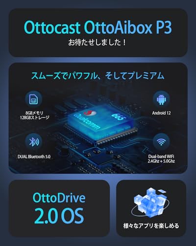 【公式】オットキャストOttocast OttoAibox P3 新型 CarPlay AI Box HDMI出力 前席道案内 後席動画 車内でユーチューブ Netflix ABEMA Disney+観れる カープレワイヤレス化 マルチメディアプレーヤーレシーバー 8GBメモリ/128GBストレージ アンドロイド12 AIボックス リモコン/miniHDMIケーブル付属 中間 画像