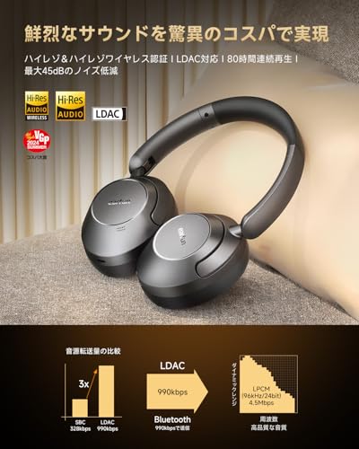 【VGP 2024 SUMMER コスパ大赏】EarFun Wave Pro ワイヤレス ヘッドホンBluetooth 5.4【2025年新アップグレード】LDAC対応アクティブノイズキャンセリングイヤホン【有線/無線 ハイレゾ】最大80時間連続再生/シアターモード/マルチポイント対応/密閉型/内蔵マイク/専用アプリ対応/折りたたみ式 (ブラック) 中間 画像