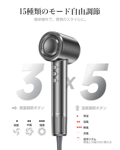 ドライヤー【2025進化モデル・20ｓ速乾】大風量 高速ヘアドライヤー hair dryer 2億高濃度マイナスイオン 静電気抑制 NTC温度制御システム 過熱保護 恒温ヘアケア 髪質改善 5段階温度調節&3段階風量 【温冷リズム】 マグネット式ノズル付き 小型 コンパクト 静音 軽量 旅行/サロン/家庭用/プレゼント PSE認証済み 中間 画像