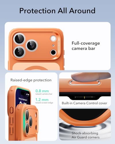 【3倍米軍MIL規格・MagSafe対応】ESR iPhone 17 Pro ケース 米軍保護工学 ワイヤレス充電/25Wの高速充電に対応 傷に強い背面 衝撃吸収 耐黄変 いPhone17Pro ケース エアガードガードコーナー カメラコントロールカバー ストラップホールあり iPhone17Pro用 ハイブリッドシリーズ フロストオレンジ 中間 画像
