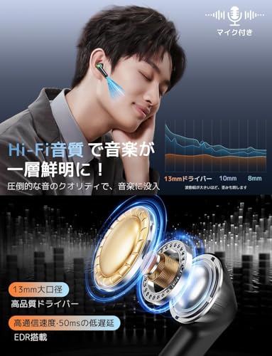 イヤホン bluetooth ワイヤレスイヤホン 【2025年 ENCノイズキャンセリング】 ブルートゥース Bluetooth5.3 自動ペアリング LEDディスプレイ搭載 最大48時間再生 マイク付き ENC搭載 Type-C充電 タッチ操作 軽量/小型 IPX7防水 片耳/両耳対応 スポーツ/音楽/通勤/通学 (ブラック) 中間 画像