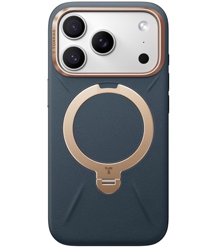 TORRAS iPhone 17 Pro 用 ケース【新感覚レザー・スキンタッチ】Ostand Q3 レザートーン MagSafe対応 リング スタンド 360°定点回転 縦横両対応 マグネット搭載 革 カメラコントロールボタン 米軍規格 耐衝撃 指紋防止 Q3 Vegskin サファイア・ディープブルー 画像1