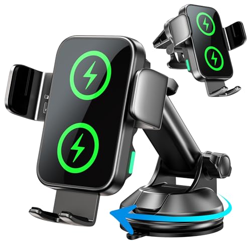 GuMosh スマホホルダー 車 ワイヤレス充電 15W デュアルコイル ワイヤレス充電器 車 スマホスタンド 自動開閉 車 スマホホルダー 充電 急速 12~17cm伸縮アーム 360度回転/吸盤式＆エアコン吹き出し口両用 スマホスタンド 車 充電 片手操作 取付簡単 幅広いのスマホ機種に対応 18ヶ月のメーカー保証期間 画像1