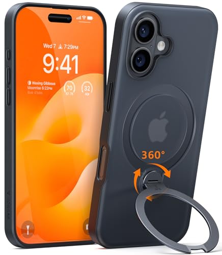【米軍規格・360°回転吸着多機能一体】TORRAS iPhone 16 用 ケース 縦横両対応 リング付き マグネット搭載 ワイヤレス充電対応 耐衝撃 防指紋 半透明 あいふおん16 用ケース Ostand Q3 Spin ブラック 画像1