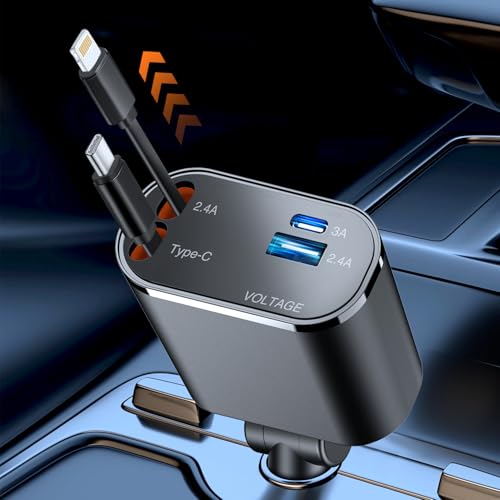 【2025年新進化 100W・急速充電】シガーソケット USB 車 充電器 巻き取り式 4 in 1 カーチャージャー 4台同時使用 ケーブル 2本 Type-C/Lightning DC12/24V 車対応 多機種に対応 車載 カー用品 車用品 コンパクト (ブラック) 画像1