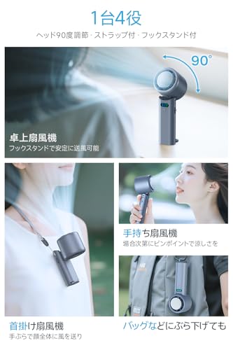 携帯扇風機 超高速暴風 【-25℃瞬間冷却・10000mAh大容量】 ハンディファン 冷却プレート付き 100段階風力調節 手持ち/首掛け/卓上/吊り下げ4way 7枚羽根 強力 USB充電式 手持ち扇風機 24時間持続 90°角度調整 ネックストラップ付き LED残量表示 軽量 小型 ミニファン 熱中症対策 暑さ対策 コンパクト 静音 アウトドア オフィス ギフト (ダークグレー) 中間 画像