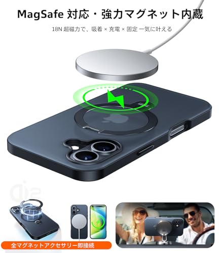 【米軍規格・360°回転吸着多機能一体】TORRAS iPhone 16 用 ケース 縦横両対応 リング付き マグネット搭載 ワイヤレス充電対応 耐衝撃 防指紋 半透明 あいふおん16 用ケース Ostand Q3 Spin ブラック 中間 画像