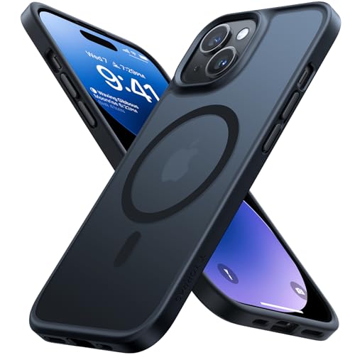 TORRAS iPhone 14/13 用 ケース【米軍進化耐久性・高精密 Magsafe対応】マグネット搭載 耐衝撃 ワイヤレス充電 半透明 マット 黄ばみなし ストラップホール付き マグセーフ対応 ブラック 1枚目 画像