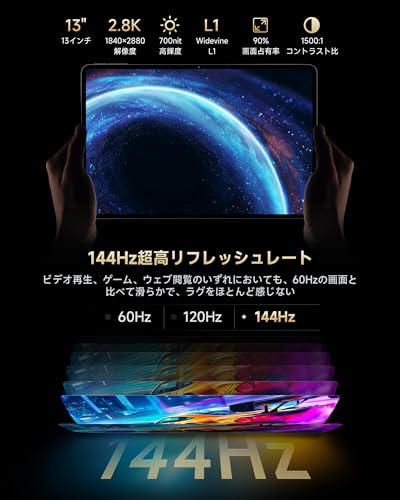 ALLDOCUBE Ultra Pad 13インチタブレットSnapdragon7+Gen3 1840×2880解像度 144Hz高リフレッシュレート 8つスピーカーDTSサウンド 15000mAh PD33W 24GB+256GB+1TB拡張 LPDDR5X UFS3.1 WiFi6 BT5.4 WidevineL1 光センサー Android15タブレットアンドロイドALLDOCUBE AI 中間 画像