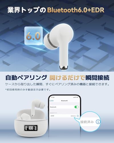 Bluetoothイヤホン ワイヤレスイヤホン AIスマート ENC通話 IPX7防水 最大60時間再生 2025年最新Bluetooth6.0 ブルートゥースイヤホン 全音域HI-FI音質 低遅延 接続瞬時 片耳/両耳 WEB会議/運動/ゲーム/テレワーク/通学/通勤/スポーツ/音楽用 iPhone/Android対応 (01white) 最後 画像