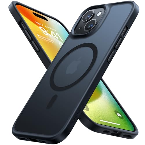 TORRAS iPhone 14/13 用 ケース【米軍進化耐久性・高精密 Magsafe対応】マグネット搭載 耐衝撃 ワイヤレス充電 半透明 マット 黄ばみなし ストラップホール付き マグセーフ対応 ブラック 中間 画像