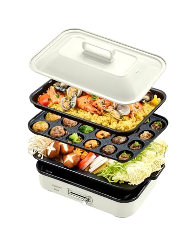 SOLEMOOD コンパクトホットプレート グリル鍋 着脱式プレート 温度調節機能付き 洗いやすい おしゃれ かわいい 1000W高出力 プレート選択可能 1~4人用 小型 ひとり暮らし にも (プレート3種(平面・たこ焼き・鍋)-ホワイト) 画像1