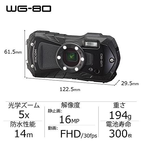 RICOH WG-80 BLACK リコー本格防水デジタルカメラ 14m防水 (連続2時間) 1.6m耐衝撃 防塵 -10℃耐寒 アウトドアで活躍するタフネスボディ CALSモード搭載で 現場記録など幅広いビジネスシーンで活躍3121 中間 画像