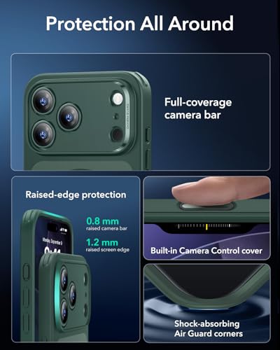 【3倍米軍MIL規格・MagSafe対応】ESR iPhone 17 Pro ケース 米軍保護工学 ワイヤレス充電/25Wの高速充電に対応 傷に強い背面 衝撃吸収 耐黄変 いPhone17Pro ケース エアガードガードコーナー カメラコントロールカバー ストラップホールあり iPhone17Pro用 ハイブリッドシリーズ フロストグリーン 中間 画像