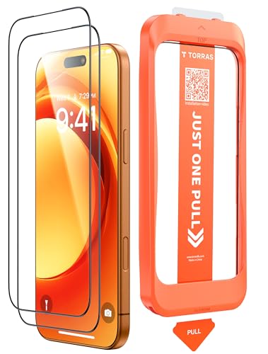 TORRAS For iPhone 17 Pro ガラスフィルム いphone17 pro 用 フィルム 航空宇宙ガラス 9H+硬度 米軍MIL規格 全面保護 10倍強化 極細ベゼル対応 ラウンドエッジ 超簡単貼り付け ワンプル(Just One Pull) ガイド枠付き 指紋防止 サラサラ 落下・破損防止 ブルーライトカット 2枚セット 6.3インチ For iphone17pro フィルム GlassGo Ultra 画像1