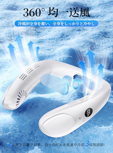 「夏革新型·首掛け扇風機」ネッククーラー ネックファン 携帯扇風機 小型 3段階風力調節 冷却プレート搭載 20dB静音 超軽量 羽根なし モバイル扇風機 強力 大風量 LEDディスプレイ表示 4400mAh大容量 長時間稼働 Type-C充電式 熱中症対策 花火大会/通勤通学/アウトドア/夏キャンプ/プレゼントなど(White) 中間 画像
