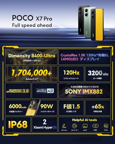 Xiaomi POCO X7 Pro 8GB+256GB 日本語版 Simフリー スマートフォン 90Wハイパーチャージ 120Hz 有機ELディスプレイ IP68防塵・防水 docomo/au/SoftBank/Rakuten Mobile 回線対応 イエロー 最後 画像