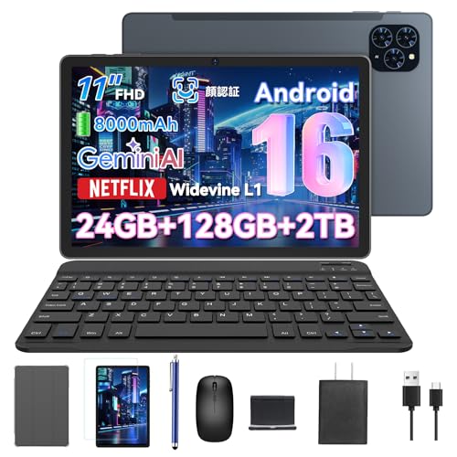 【世界初登場 Android16 タブレット】Tabwee T90 アンドロイド16 タブレット 11インチ Wi-Fiモデル、FHD大画面 1920*1200解像度 24GB+128GB+2TB拡張、WidevineL1 Netflix 顔認識 、8コアCPU T615、8000mAh+Type-C充電 、2.4G/5G WiFi+BT5.0、キーボード+マウス+タッチペン+フィルム+ケース付き 画像1