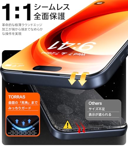 TORRAS For iPhone 17 Pro ガラスフィルム いphone17 pro 用 フィルム 航空宇宙ガラス 9H+硬度 米軍MIL規格 全面保護 10倍強化 極細ベゼル対応 ラウンドエッジ 超簡単貼り付け ワンプル(Just One Pull) ガイド枠付き 指紋防止 サラサラ 落下・破損防止 ブルーライトカット 2枚セット 6.3インチ For iphone17pro フィルム GlassGo Ultra 中間 画像