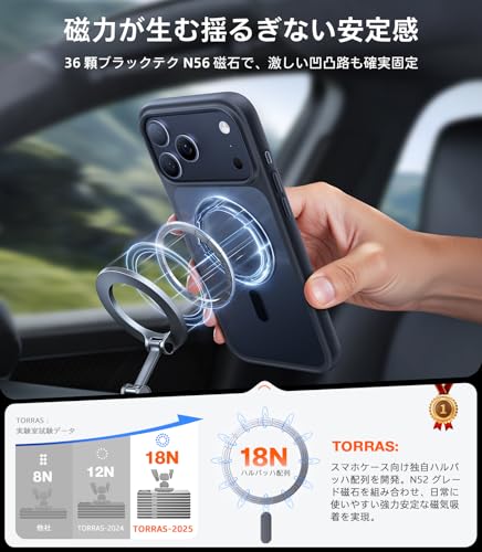 TORRAS iPhone 17 Pro 用ケース 【米軍進化耐衝撃・高性能Magsafe対応】指紋防止 黄変防止 米軍保護工学 マグネット搭載 衝撃吸収 頑丈 カメラコントロールボタン付き ストラップホール 半透明 Guardian-Mag ブラック 中間 画像