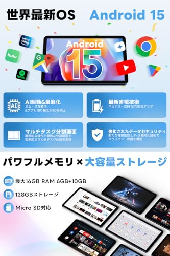 Android 15 タブレット【 10.1インチ大画面&AI最適化OS】 タブレット 24GB+128GB 1TB拡張 GMS認証済 高性能8コアCPUT606 + G57 GPU 薄型&軽量 アンドロイドタブレット 6000mAh大容量バッテリー Type-C充電 OTG対応 1280*800解像度 WidevineL1 Incell IPS画面 Bluetooth対応 Wi-Fiモデル 最後 画像