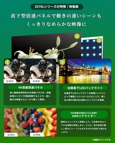 【セット買い】 レグザ 55インチ 4K液晶テレビ 55Z570L 4Kチューナー内蔵 外付けHDD 裏番組録画 スマートテレビ (2022年モデル) + REGZA サウンドバー TS3100Q 3.1ch DolbyAtmos対応 Bluetooth対応 中間 画像