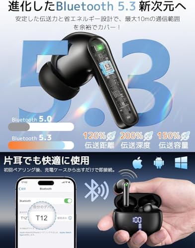 イヤホン bluetooth ワイヤレスイヤホン 【2025年 ENCノイズキャンセリング】 ブルートゥース Bluetooth5.3 自動ペアリング LEDディスプレイ搭載 最大48時間再生 マイク付き ENC搭載 Type-C充電 タッチ操作 軽量/小型 IPX7防水 片耳/両耳対応 スポーツ/音楽/通勤/通学 (ブラック) 中間 画像