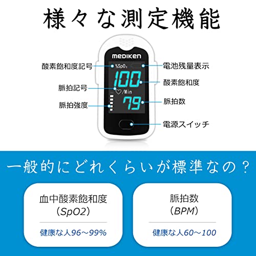 メディケン(MEDIKEN)【豪華付属品4点セット】 パルスオキシメーター 心拍計 脈拍測定器 家庭用 旅行、在宅、登山、 LEDディスプレイ 見やすい 高精度 中間 画像