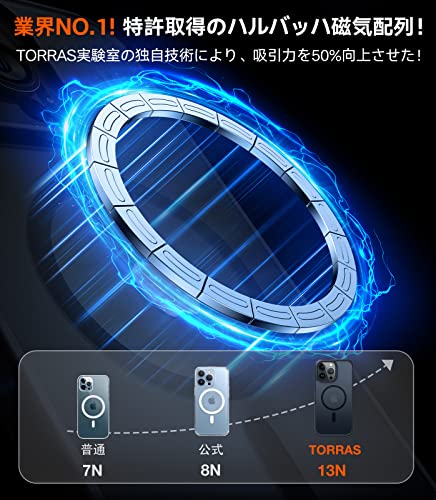TORRAS iPhone 14/13 用 ケース【米軍進化耐久性・高精密 Magsafe対応】マグネット搭載 耐衝撃 ワイヤレス充電 半透明 マット 黄ばみなし ストラップホール付き マグセーフ対応 ブラック 中間 画像