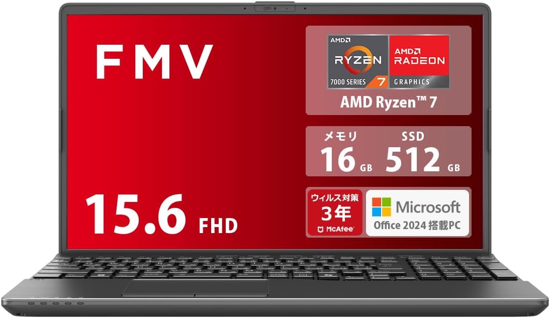 富士通 ノートパソコン FMV Note A WA1-K2 (MS Office 2024/Win 11/15.6型/AMD Ryzen 7/16GB/SSD 512GB/スーパーマルチドライブ) FMVWK2A175_AZ 中間 画像