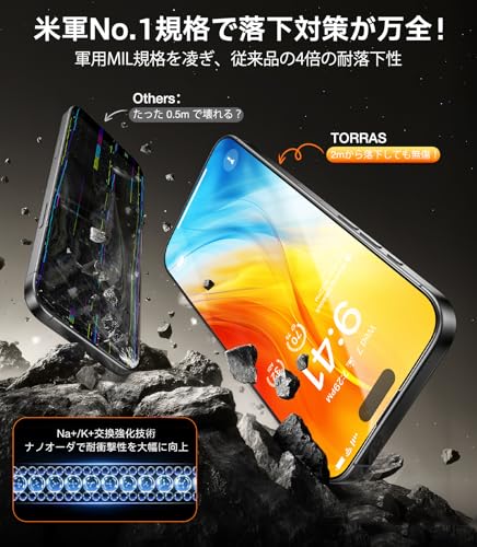 TORRAS 強化ガラス For iPhone 16 ガラスフィルム For iphone15 フィルム 航空宇宙ガラス 米軍規格 さらさら 指紋防止 全面保護 イチラクガイド枠 10倍強化極細縁 貼り付け簡単 9H越え 携帯落下/破損防止 飛散防止 2枚 いphone16 /15 用 保護フィルム GlassGo Ultra(ガラスゴー・ウルトラ) 中間 画像