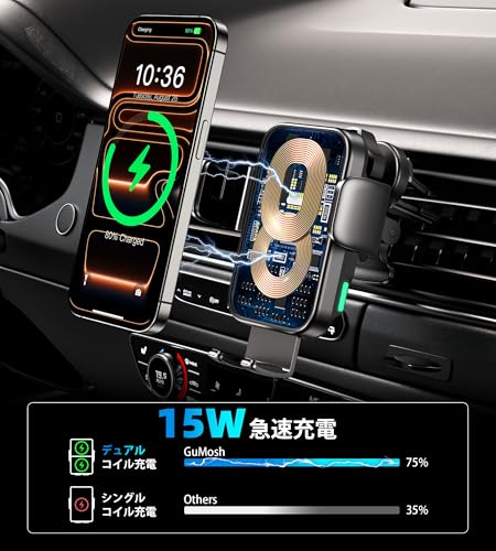 GuMosh スマホホルダー 車 ワイヤレス充電 15W デュアルコイル ワイヤレス充電器 車 スマホスタンド 自動開閉 車 スマホホルダー 充電 急速 12~17cm伸縮アーム 360度回転/吸盤式＆エアコン吹き出し口両用 スマホスタンド 車 充電 片手操作 取付簡単 幅広いのスマホ機種に対応 18ヶ月のメーカー保証期間 最後 画像