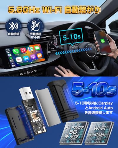 【コンパクトな設計 ワイヤレスアダプター最新登場】HEYINCAR+ ワイヤレスCarPlay/Android Auto アダプター CarPlay＆AndroidAutoをワイヤレス化 純正な有線CarPlay/Android Auto搭載する車専用 Bluetooth/音楽/多言語対応 ワイヤレスディスプレイアダプター 自動接続 98%以上の車種適用 技適認証取得済み 日本語取扱説明書付き 中間 画像