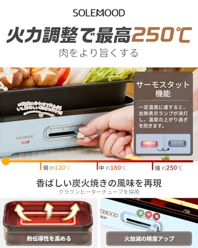 SOLEMOOD コンパクトホットプレート グリル鍋 着脱式プレート 温度調節機能付き 洗いやすい おしゃれ かわいい 1000W高出力 プレート選択可能 1~4人用 小型 ひとり暮らし にも (プレート3種(平面・たこ焼き・鍋)-ホワイト) 中間 画像